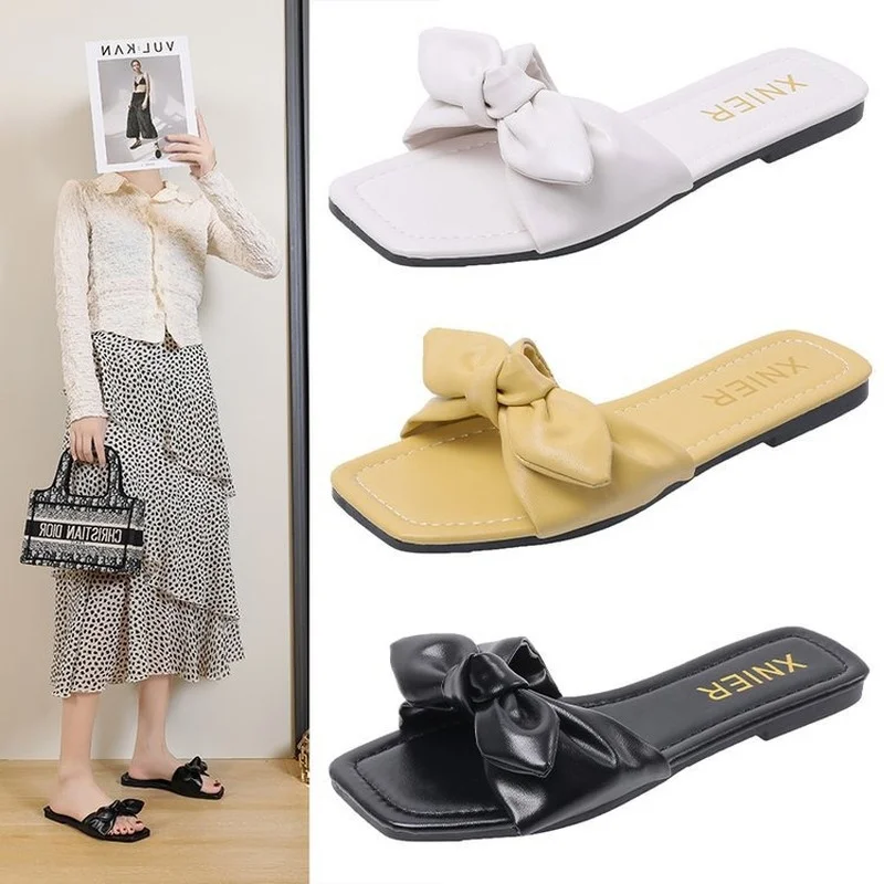 

Slippers Women Wear 2022 Spring and Summer New Casual 43 Plus Size Bow Square Head Flat Bottom Sandals Women