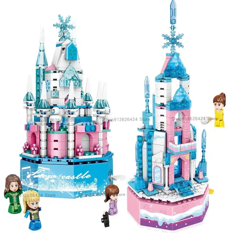 

Disney Frozen Elsa's Magical Ice Palace Castle Building Blocks DIY Rotating Music Box Model Anime Mini Action Figures Castle Toy