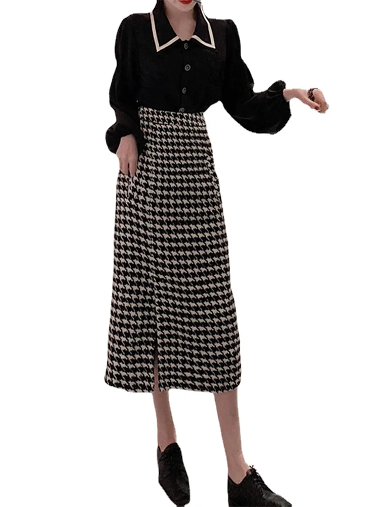 

Женская шерстяная юбка средней длины, винтажная юбка с рисунком «гусиная лапка» и разрезом, размер 3XS-10XL, осень на заказ