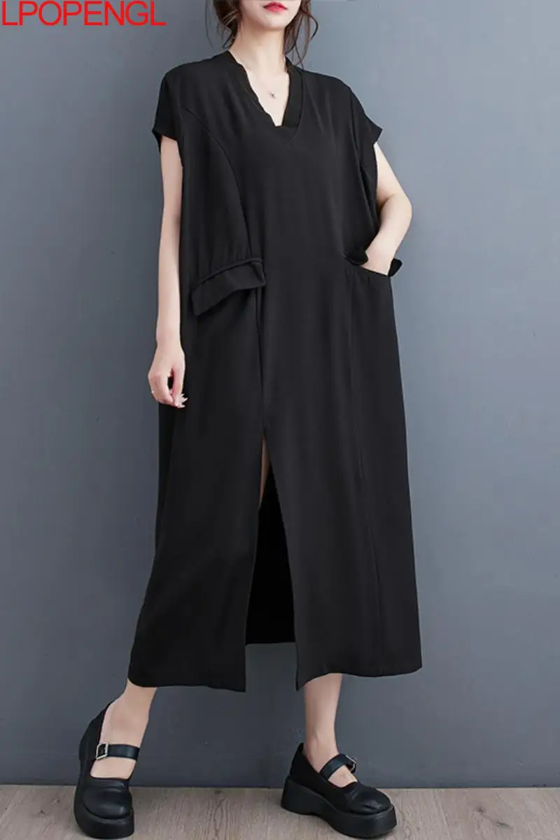 

European High-end Black Slit Dress Women's Summer Niche Design Sense 2023 Summer New Slim Short-sleeved Skirt