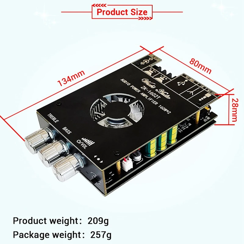 

160Wx2 High And Bass Adjustment Bluetooth Audio Amplifier Board Module Dual Channel Stereo TDA7498E Amplifier ZK-1602T