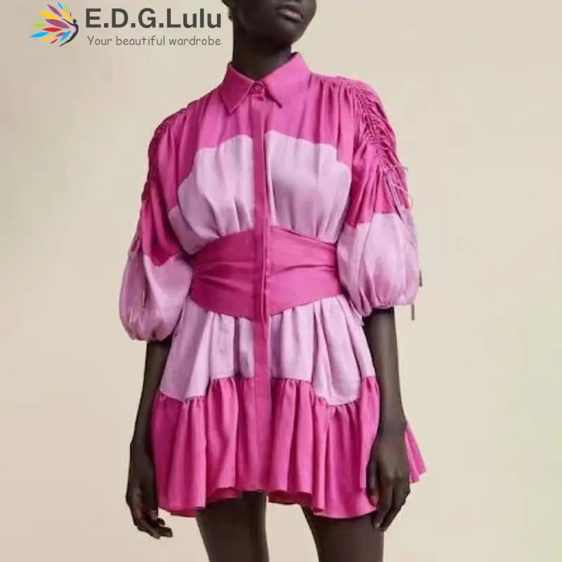 

EDGLuLu Turn-down Collar Drawstring Lace-up Half Sleeve Contrast Ruffles Dresses For Women 2022 Luxury Designer Shirt Dress 1010