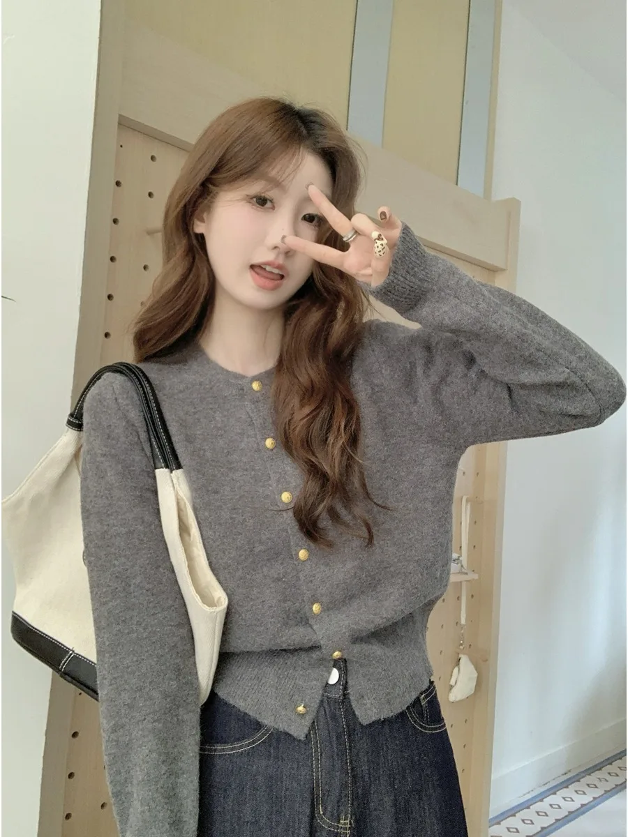 Осенне-зимний корейский изящный нежный синий кардиган с круглым вырезом милый