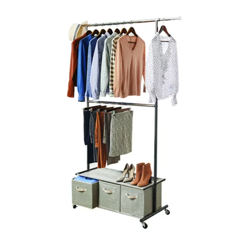 

2 Tier Garment Rack with 3 Drawer Closet Organizer , Gray muebles de dormitorio wardrobe multifunctional furniture