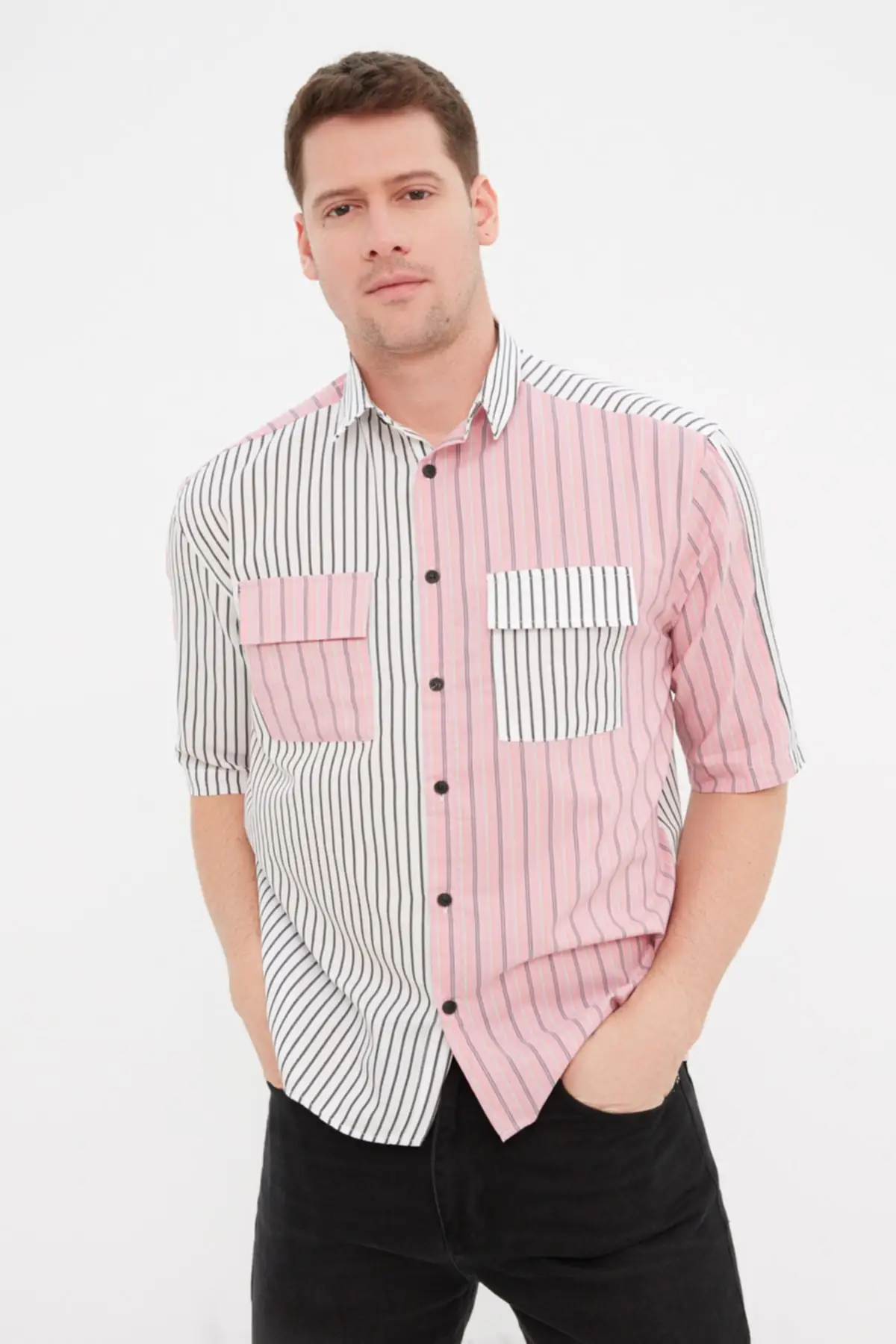 

Men's Boxy Fit Shirt Collar Color Block Striped Shirt TMNSS22GO0540