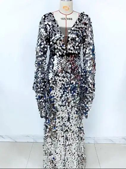 2022 New Women's Prom Dress Sexy Sequin Silver Hip Evening Party Maxi Dress Traf Vestidos Women Trumpet Long Sleeve Clothing