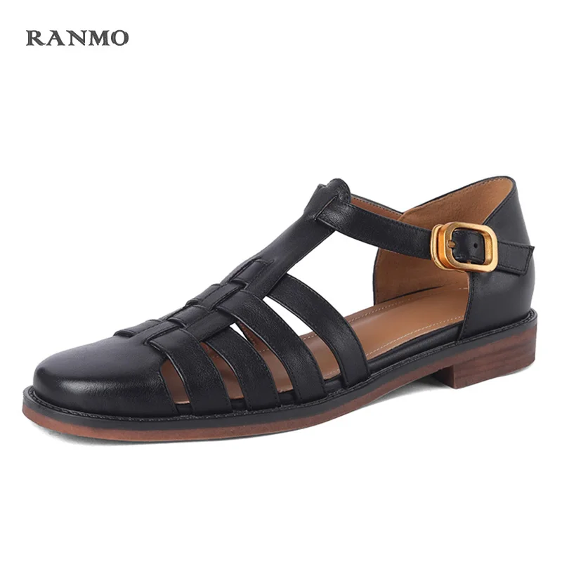 

Leather Women's Luxury Sandals New Summer Non-slip Low Heel Sandals Round Toe Roman Women's Shoes Flats Handmade Shoe Size 34-39