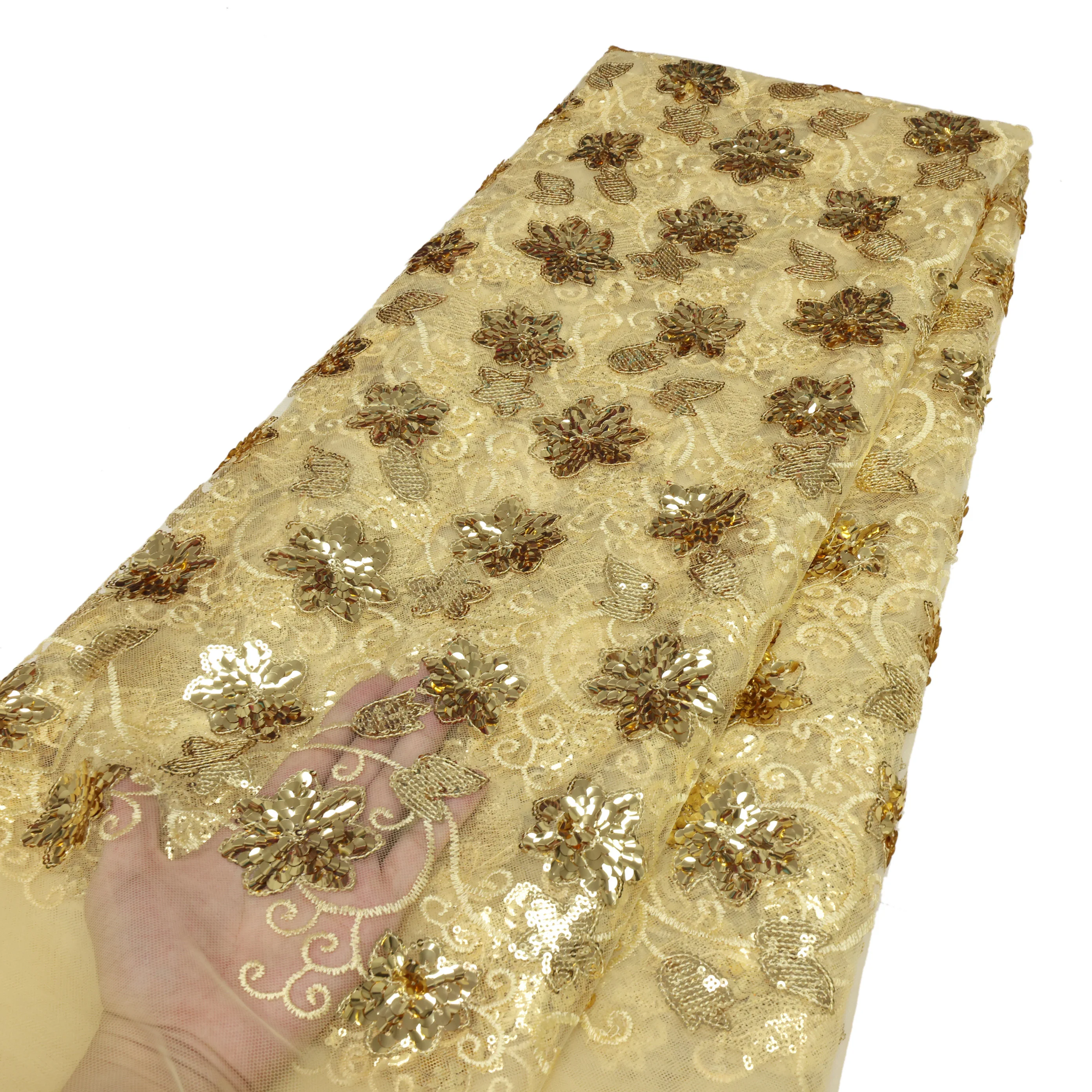 

2023 High Quality Latest French Mesh Fabric African Sequins Embroidered Tulle Fabric For Wedding Dresses 5Yards/Lot LY3081