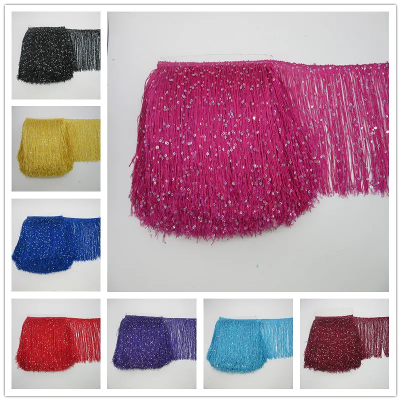 

YY-tesco 10 Meters 20cm Wide Sequins Lace Fringe Trim Tassel Fringe Trimming For Latin Dress Stage Clothes Accessories Tassel