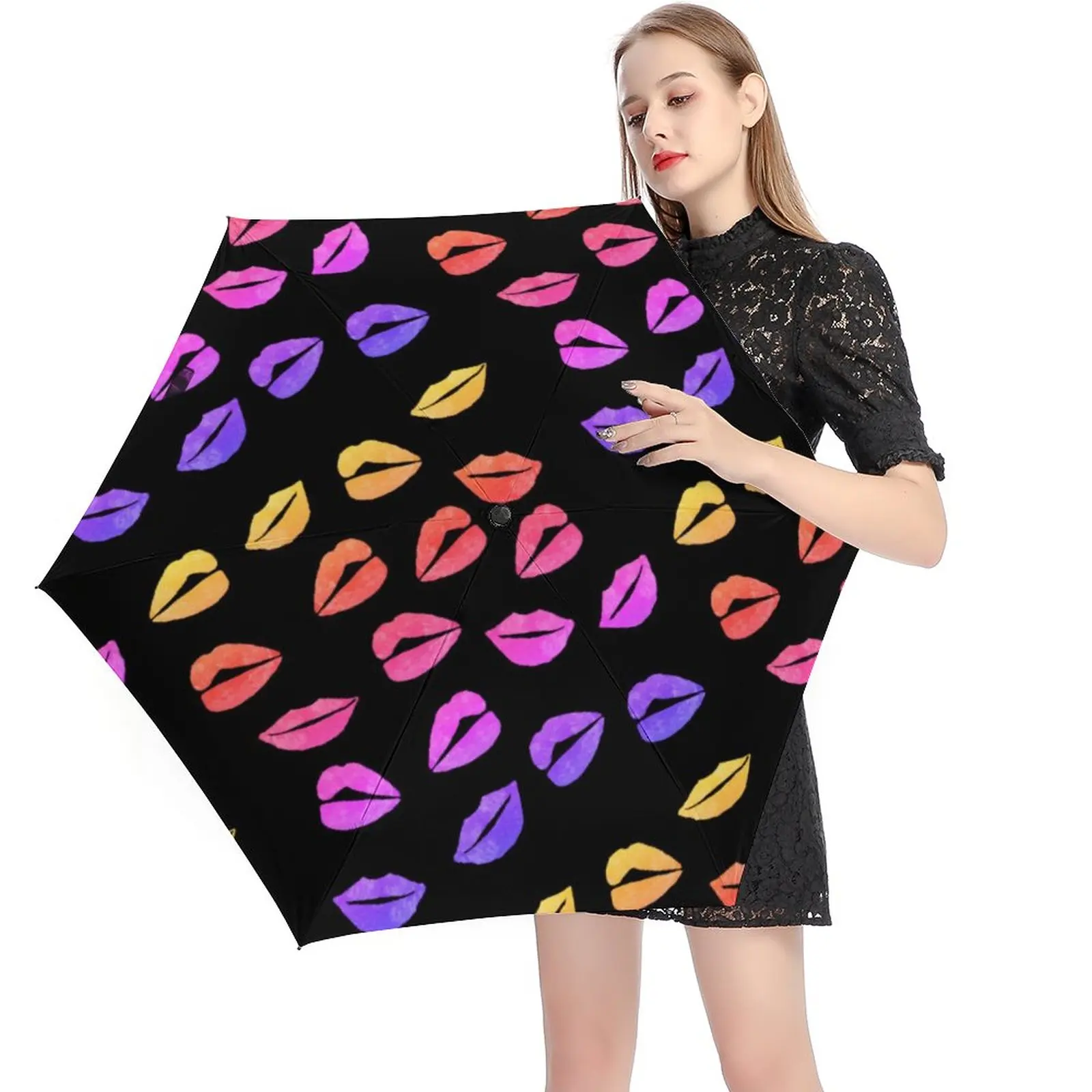 

Colorful Lips 5 Fold 6 Ribs Umbrella Pop Art Print Black Coat Pocket Umbrella Windproof Umbrellas for Men Women