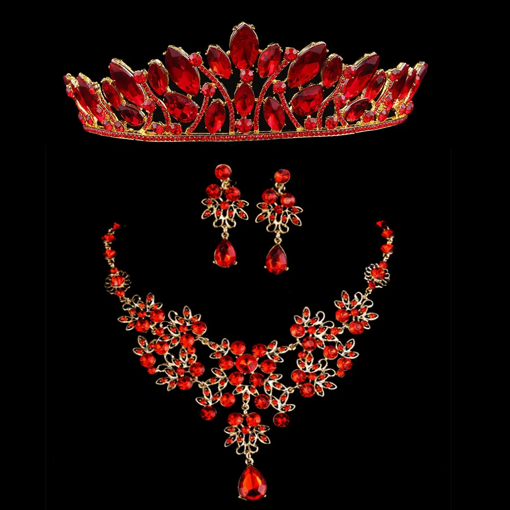 

Baroque Gold Red Crystal Wedding Bridal Jewelry Set Women Vintage Rhinestone Tiara Crown Pageant Diadem Earrings Choker Necklace
