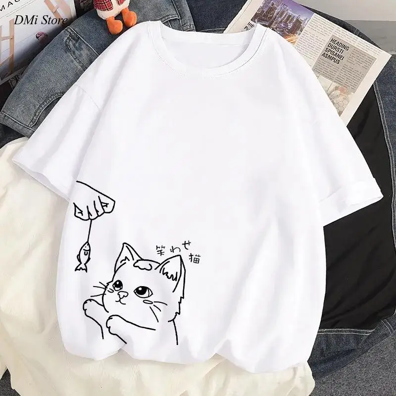 Short Sleeved T-Shirt Top Ulzzang Loose Oversized T-shirt Women Summer Harajuku Clothing Anime Cute Kawaii Cat's Paw Print