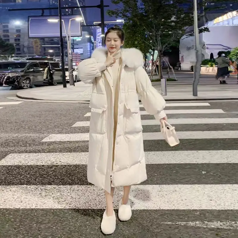 

2023 New Arrival White Long Down Coats Women Hooded Loose Fit Outerwear Korean Style Luxury Fashion White Duck Down Jacket Q539