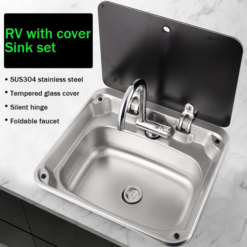 

RV Caravan Accessories 420mm Tempered Glass Cover Square and Stainless-Steel Kitchen Caravan Camper Sink