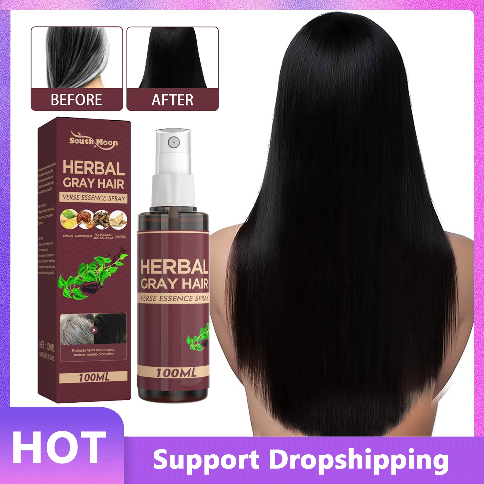 

100ml Hair Darkening Spray Anti White Hair Herbal White To Black Black Hair Serum Reduce Gray Nourishing Scalp Hair Spray Care