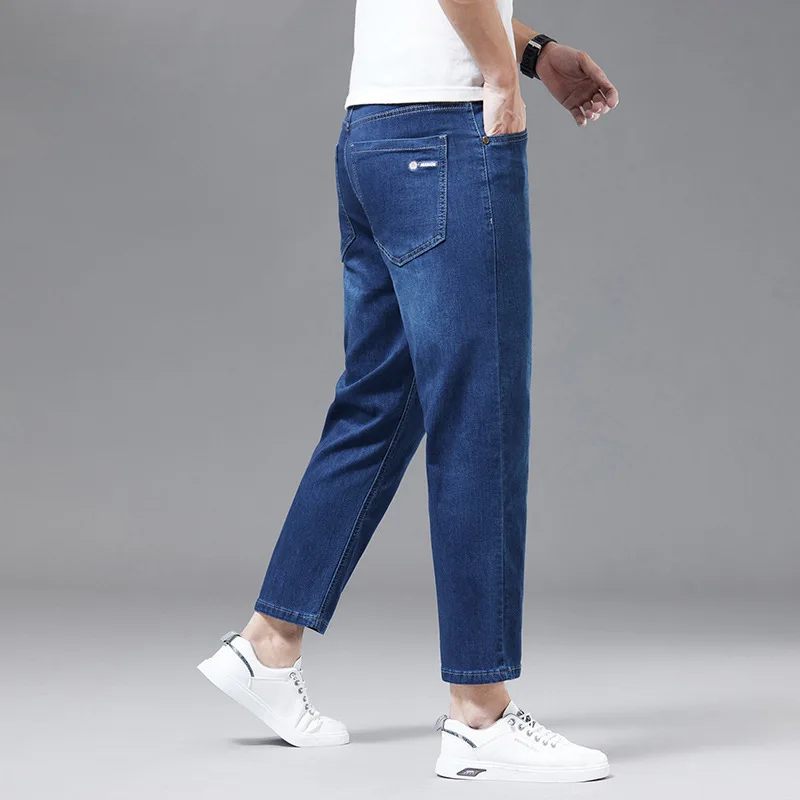 Летние мужские джинсы укороченные брюки облегающие прямые повседневные