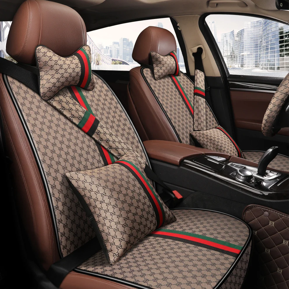 2022 Fashion Brand Car Lumbar Pillow Seat Cover Seat Belt Cover Car Neck Headrest Steering Wheel Cover Universal Car Cushion Set