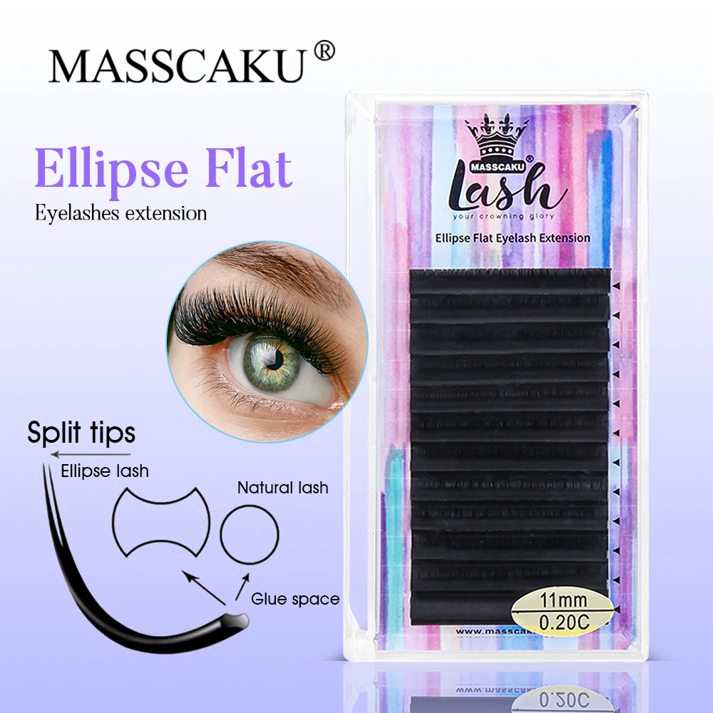 

MASSCAKU 12 rows Ellipse Flat Lashes Soft Split-tips Fake Eyelash Extension Individual Eyelashes Dark Black Mink Lash