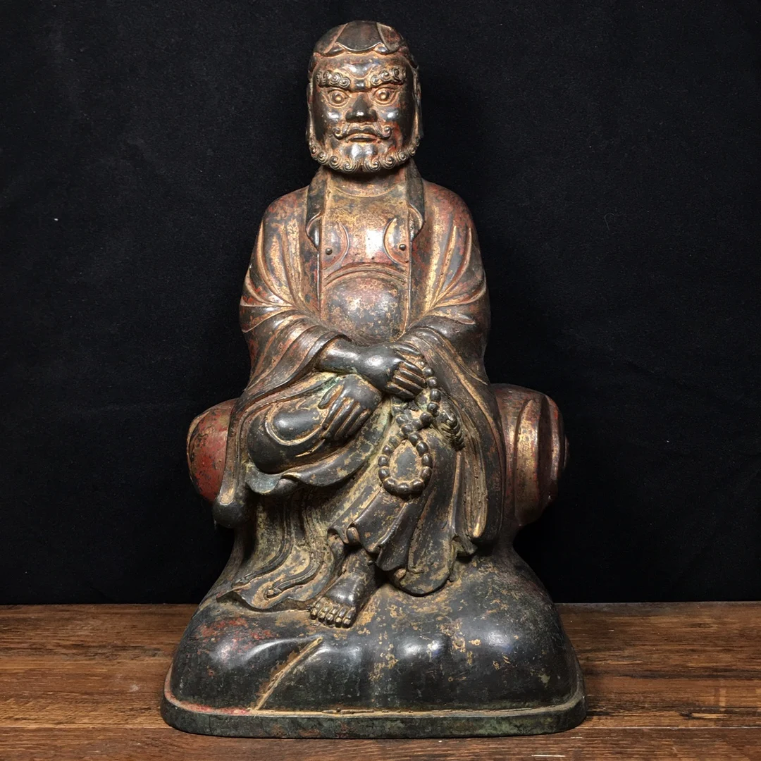 

12" Tibetan Temple Collection Old Bronze cinnabar gilded Dharma Patriarch Bodhidharma worship buddha Town house Exorcism