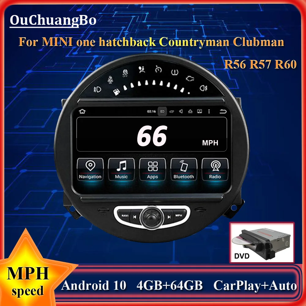 Автомобильный GPS-радио Ouchuangbo для MINI One Hatchback Countryman Clubman Paceman R56 R57 R60 R61 с 8-ядерным процессором, 64 ГБ памяти и Android 10 на DVD дисках.