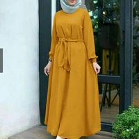 wepbel women eid muslim dress abaya long sleeve o neck loose arab kaftan waistband muslim long dress robe islamic clothing abaya