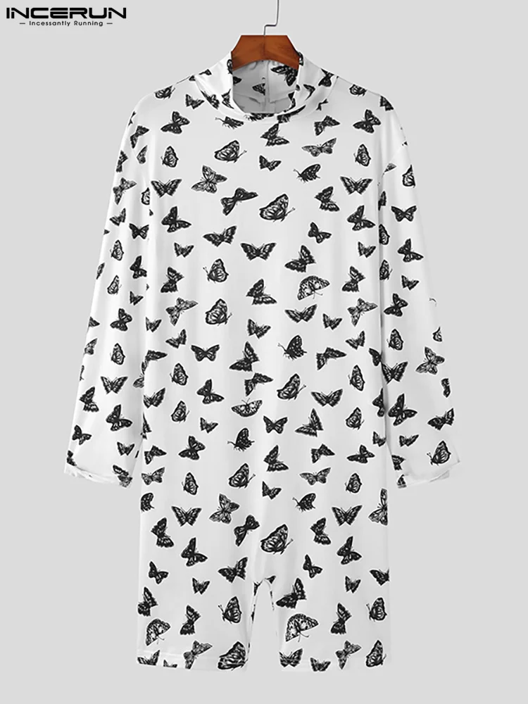 INCERUN 2023 Fashion Casual Men's Rompers Loungewear Butterfly Printing Jumpsuit Sexy Male Hot Sale Long Sleeve Bodysuits S-5XL
