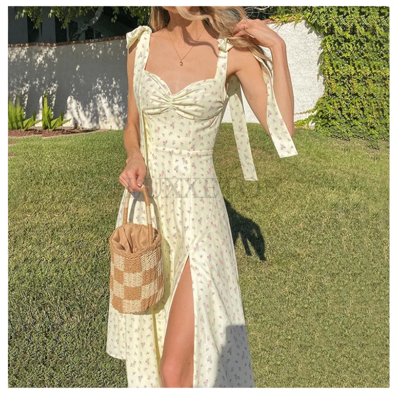 

Puff Sleeve Midi Floral Dress Women Retro Elegant Sexy Split Sundress Casual Ruched Drawstring Dresses Summer