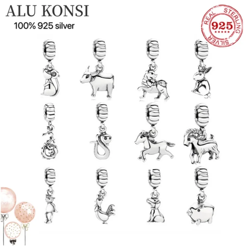 

925 Sterling Silver real Chinese Original welve Zodiac Mouse Dragon Sheep fashion Bead Charm Women jewelry