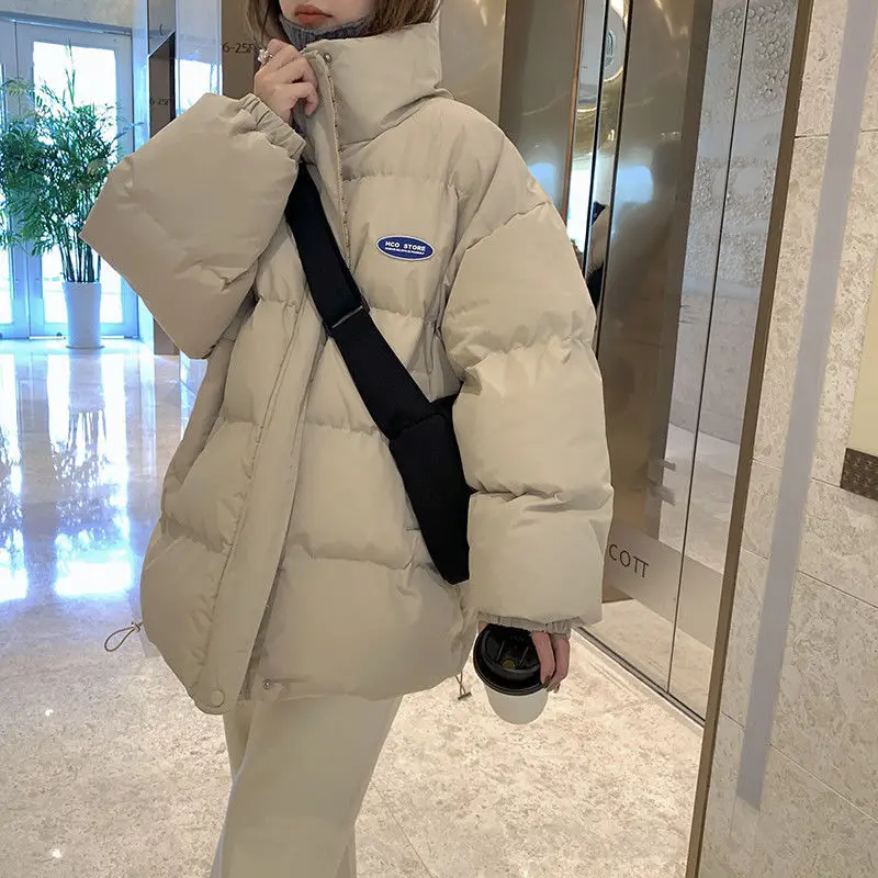 Stitching Plaid Stand Collar Cotton Jacket Female Winter Korean System Oversize Bread Clothes Thickened Cotton Jacket Tide