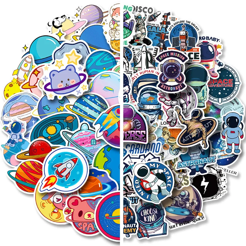 50pcs/lot Cartoon Astronaut Stickers Science Fiction Space Planet Universe Kawaii Stickers for Kids DIY Bottle Notebook Deocr