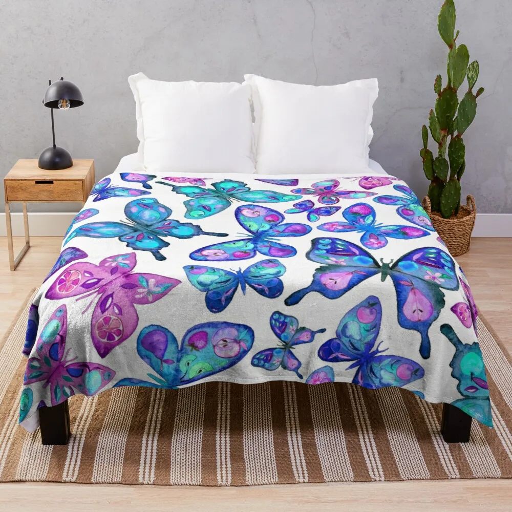 

Watercolor Fruit Patterned Butterflies - aqua and sapphire Throw Blanket Sofa Quilt Heavy Blanket Velour Blanket Sofa