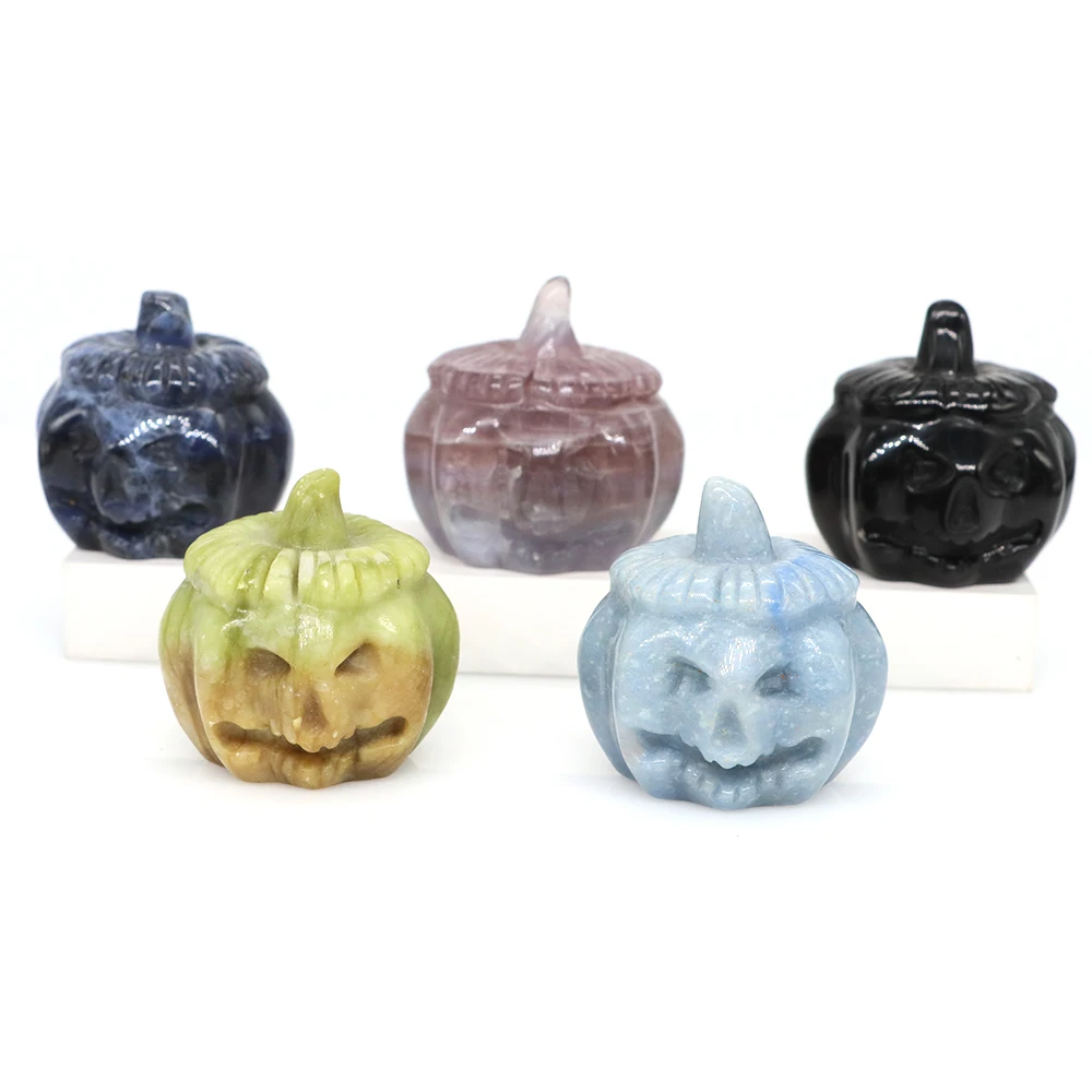 

Halloween Home Office Decoration Natural Crystal Stone Pumpkin Skull Statue Ornament Hand Carved Healing Reiki Gemstone Gift