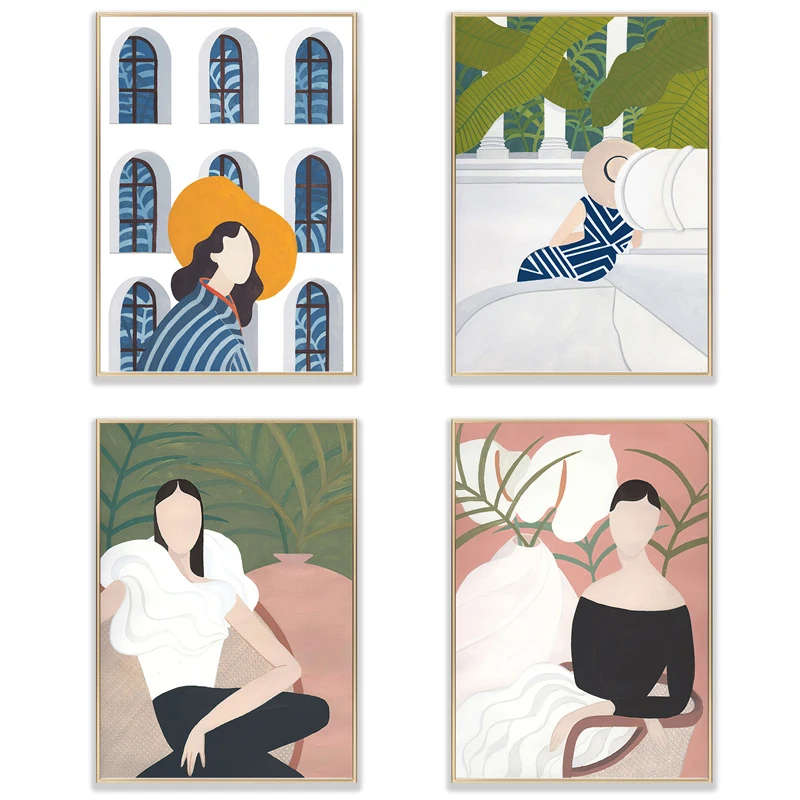 

Nordic Art Fashion Girl Canvas Painting Abstract Green Plants Garden Woman Posters and Prints Modern Wall Art Picture Decoration