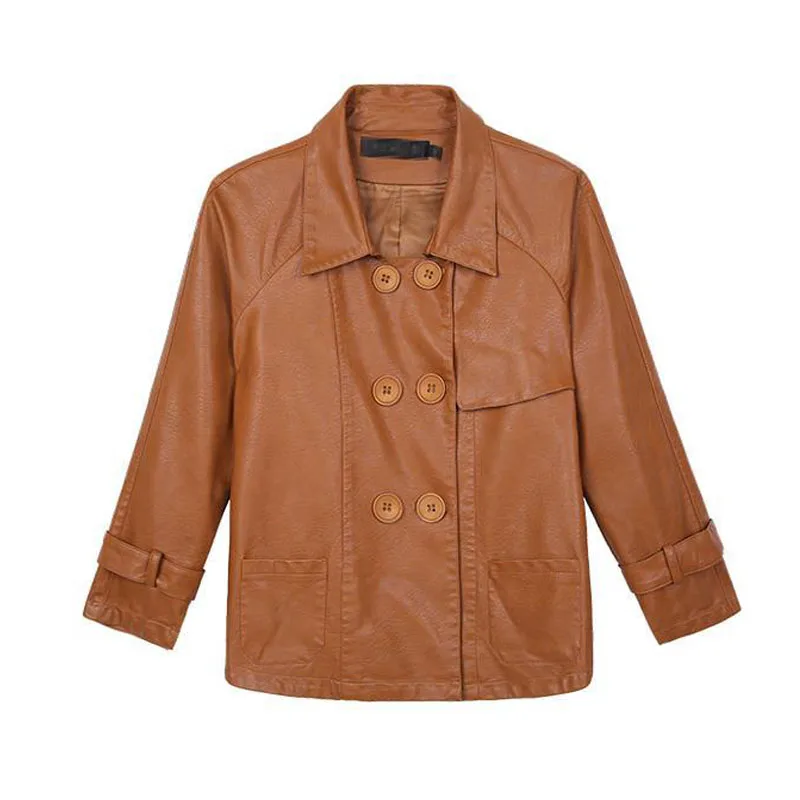 1pcs Womens Short PU Leather Jackets Coat 2022 Autumn New Faux Fur Double-Breasted Splicing Ladies Skinny Locomotive Small Coats