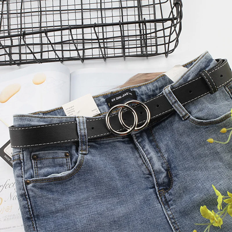 

Women Black Big Double Ring Circle Buckle Belt For Jeans Waistband Female Ladies Wide Leather Straps Belts