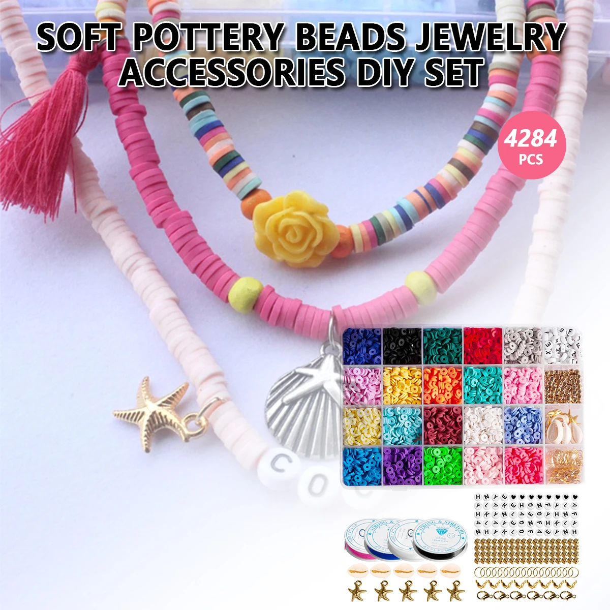 

Crafts DIY Clay Beads Toys Round Clay Spacer Beads with Elastic Strings for Kids DIY Bracelet Necklace Jewelry Making Supplies