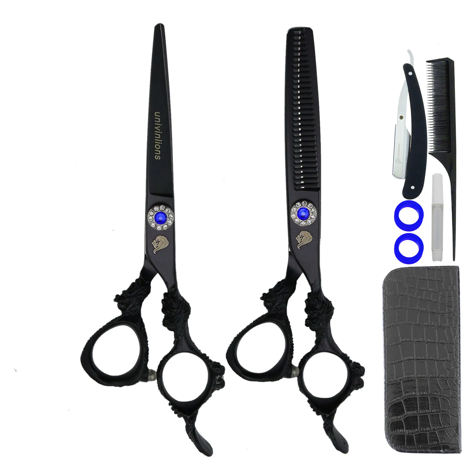 

Univinlions 6" Black Hair Scissors Kit Professional Hairdressing Shears Cutting Thinning Scissors Comb Razor Barber Accessories