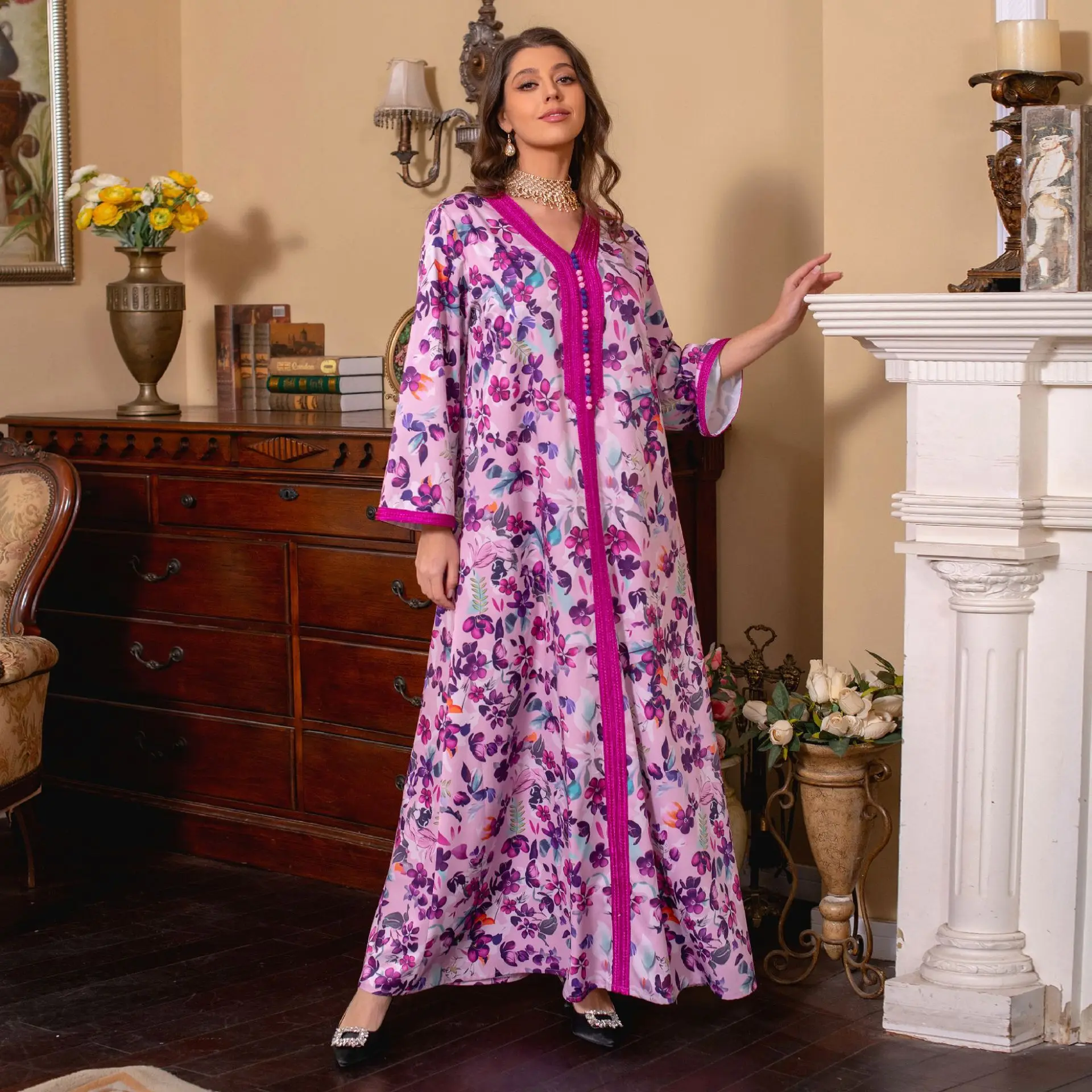 Dubai Turkey 2023 Spring Abaya Women's Fashion Rose Purple Dress Middle East Printed Muslim Women Clothing Over Size