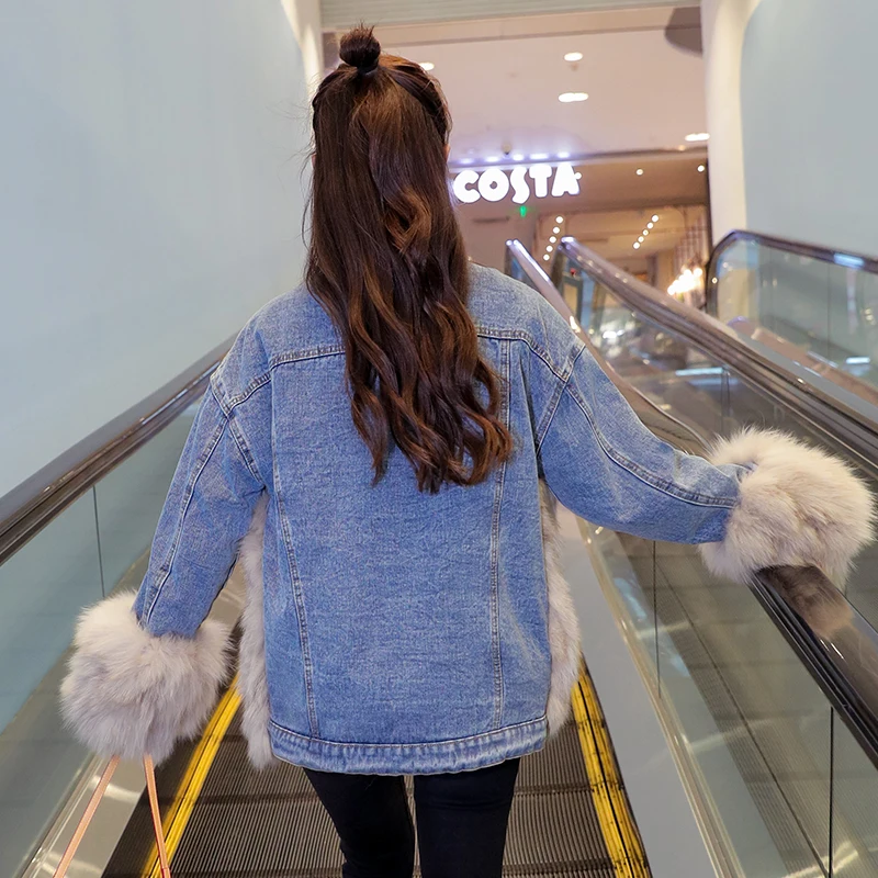 Women Plus Velvet Thickening Long Sleeve Coats Fall Korean Style Female Loose Imitation Fur Turf Pocket Stitching Denim Jackets