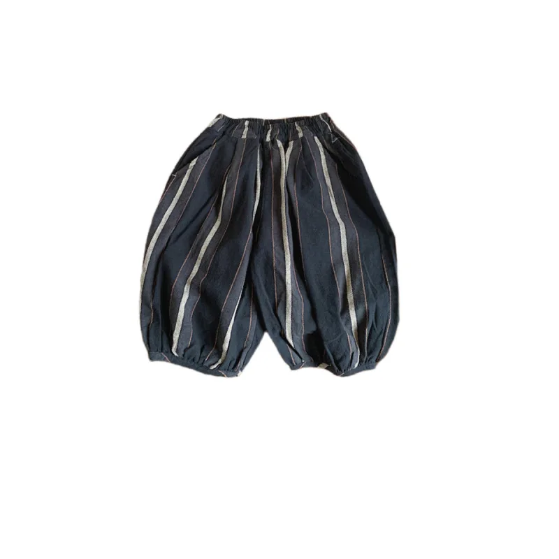 

Летние Широкие штаны в Вертикальную Полоску для мальчиков корейское издание 2023 Детские универсальные свободные хлопковые брюки из конопли и редиса