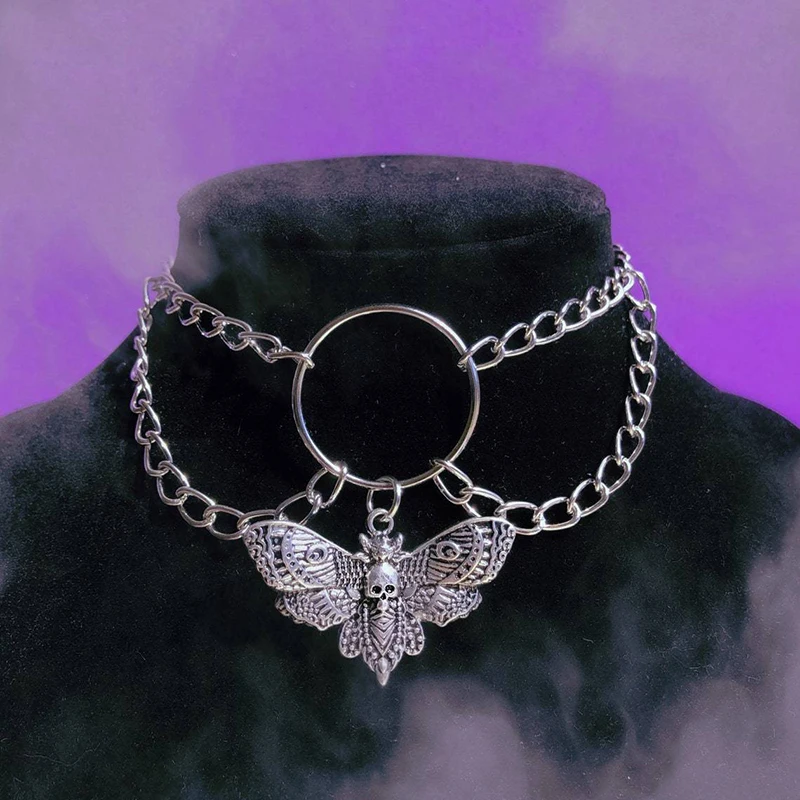 

Creative Gothic Silver Color Death Moth Pendant Necklace Layered Choker Chain Grunge Hip Hop Necklace For Women Jewelry