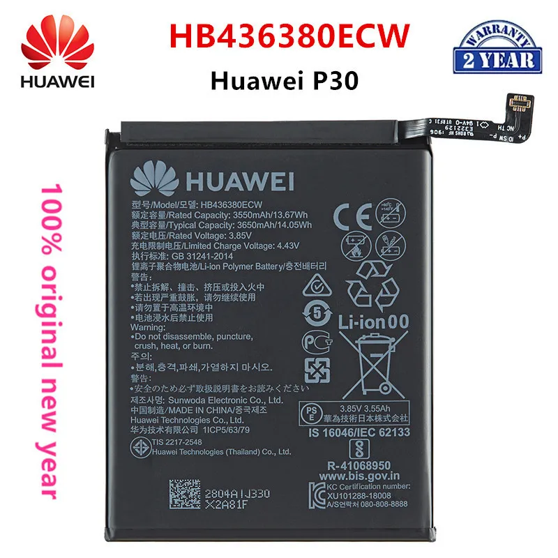 Оригинальный аккумулятор 100% мАч для Huawei HB436380ECW, для HUAWEI P30, планшетов, планшетов-TL00