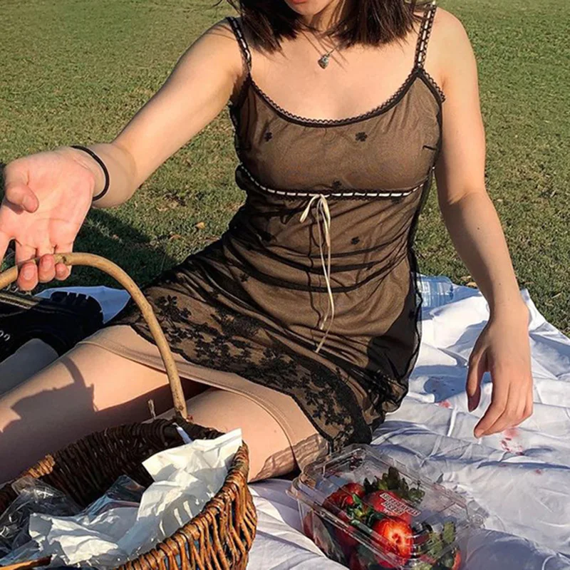 

Goth Hollow Out Mesh Mini Dress Sexy Harajuku Girl Sleeveless Bow Flower Dress Casual Female 2022 Spring Summer Chic Party Dress