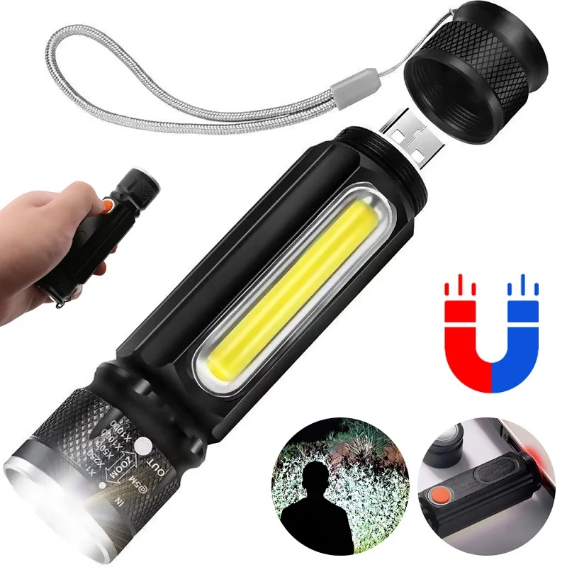 

Мощсветильник светодиодный фонарь T6, перезаряжаемый через USB фонарик, магнитный фонарь, фонарик, фонасветильник с фокусировкой, COB зум, свет...