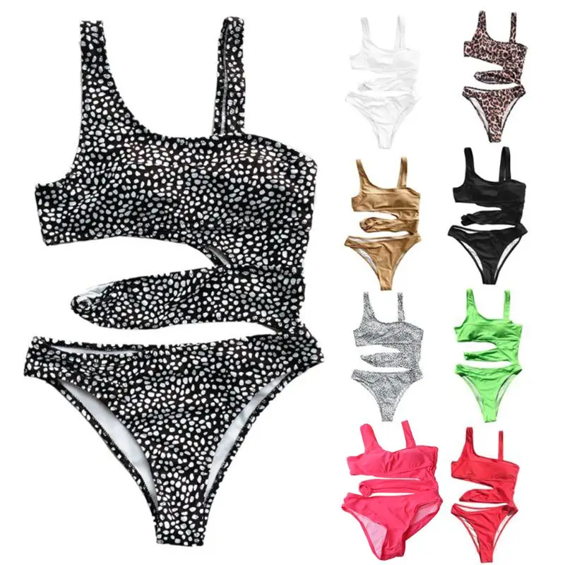 

Women Sexy One-Piece Bikini Irregular Straps Backless Monokini Solid Color Leopard Push Up Padded Swimsuit Cut Out Waist Beachwe