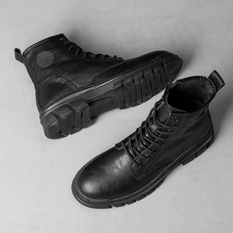 GREENGLIN-6263 New Classic Leather Men's Hiking Shoes Tie Up Men's Martin Zipper Casual Fashion Versatile Fashion Shoes