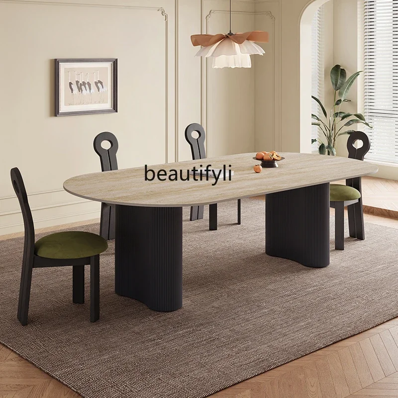 ss 8617 Травертиновый обеденный стол из каменной плиты овальный и стул цельного