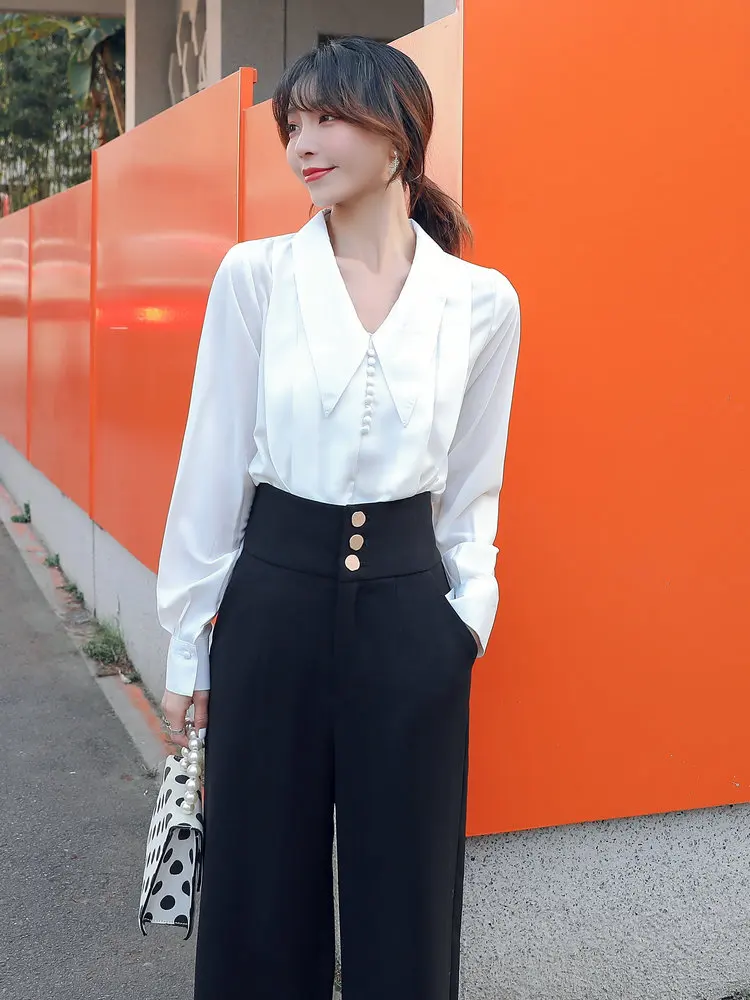 Women White Shirt And Black Wide Leg Pant Suits 2PCS Set Office Lady Elegant Top And High Waist Trouser Twinset Outfits Spring