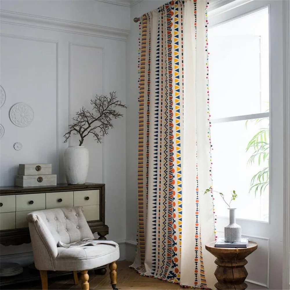 

1.5M Width Cotton Linen Printed Curtain Household Living Room Kitchen Bohemia Tassel Window Half Blackout Curtain