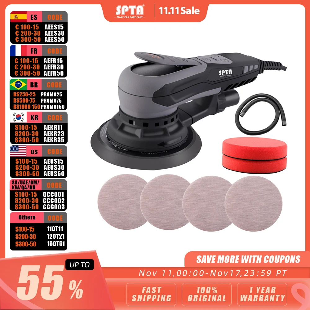 

SPTA 350W Eccentric Size 2.5 /5.0 mm Brushless Random Orbital Sander 6 inch 150mm Sponge Pad Sandpapers For Wood Metal Sanding